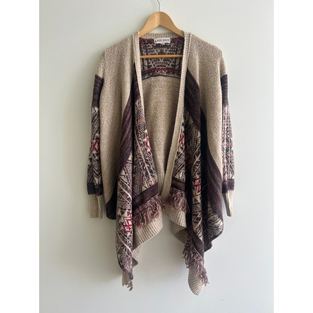 Knox Rose S Aztec Fringe Cardigan Boho‎ Western Cottagecore Wrap Sweater